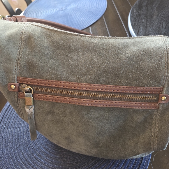 The Sak Olive Green Suede Shoulder Bag with Brown Leather Trim - Picture 4 of 16